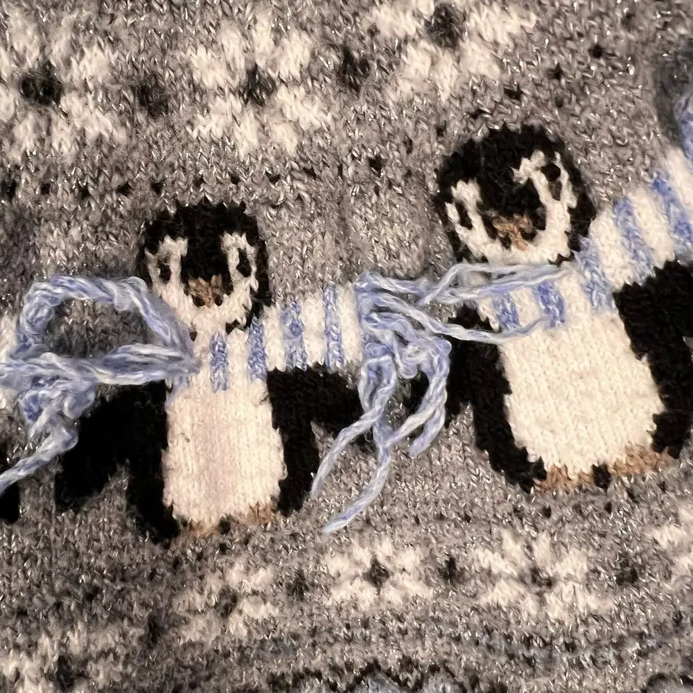 Holiday Time Penguin Fair Isle Sweater XL 16-18 Blue Gray Metallic Winter EUC